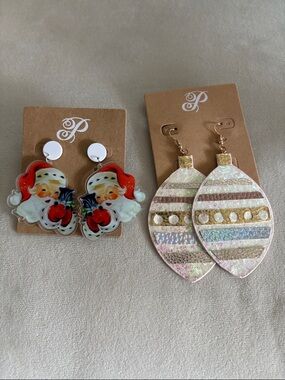 Christmas Santa & Iridescent Ornament Drop Earrings - Red, White, Gold